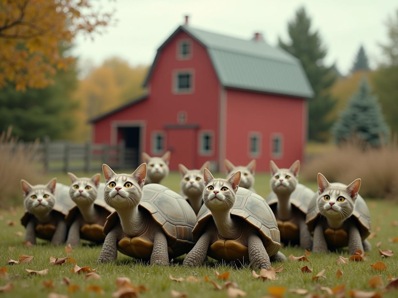 The image shows a whimsical scene set on a farm. In the foreground, there are several cartoon-like turtles, but each turtle has the face of a cat, creating a humorous effect. The background features a large red barn and green trees, indicating a rural setting with autumn colors. The overall mood is playful and surreal, blending elements of nature with funny animal mashups. The sky is slightly overcast, adding to the serene and quirky atmosphere.