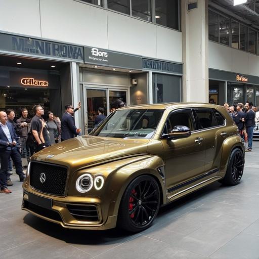 A stylish luxury SUV showcased in a modern venue. Several people admire the car. The car features a sleek golden finish with black accents. The atmosphere appears lively and fashionable.