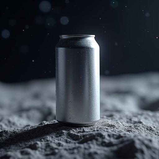 High-quality product shot of sleek aluminum beer can floating above dusty surface of Moon. Can has metallic shine with droplets. Fine particles hover, soft light from stars glows in background. Scene has cinematic feel, sharp lighting highlights clean design.