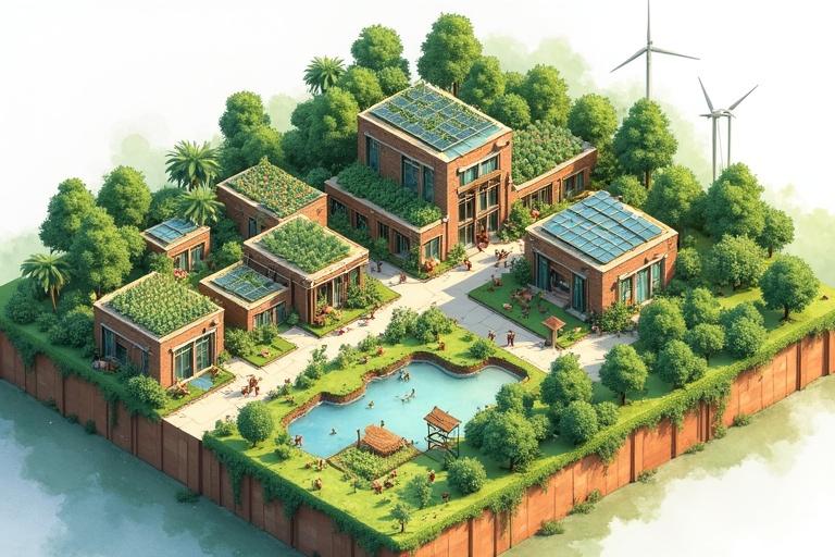 Isometric illustration of a sustainable city deals with nature. There are vertical farms. Wind turbines are present. Solar panels adorn roofs. Shows a circular food system. Features livestock and greenhouses. Includes natural water filtration systems. Various housing designs are included. Watercolor style shows lush walls. Focus on sustainability is evident.