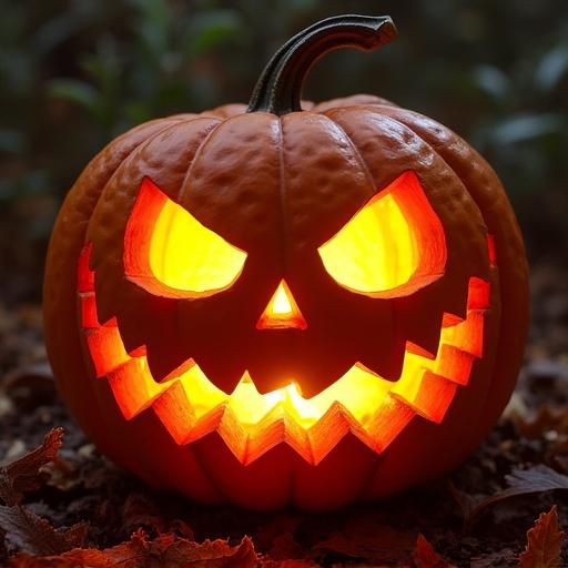 A carved jack-o-lantern with an evil grin. The face features exaggerated eyes and a jagged mouth. The pumpkin is illuminated from inside. The background is filled with fallen leaves and a blurred garden setting.