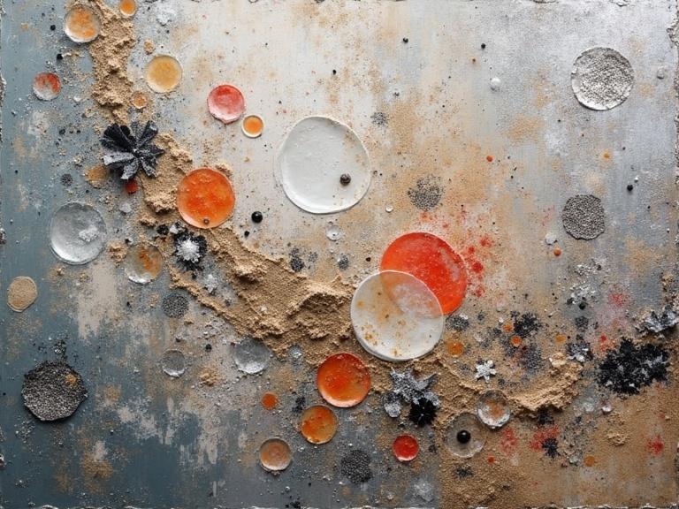 Abstract artwork featuring a mix of textures and materials like sand, jute fibers, and glittering elements. Circular shapes and splashes create a fantasy theme. Close up perspective highlighting details. Digital art style with bioluminescent effects.