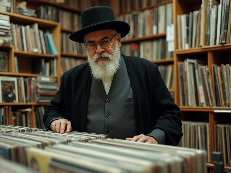 A man in a traditional outfit browsing through vinyl records inside a cozy record store. Shelves filled with various vinyl album covers surrounding him. The atmosphere is warm and inviting.