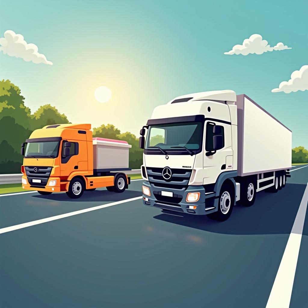 This image features two trucks driving along a sunny highway, representing the transport industry. The first truck is an orange model, likely used for construction or carrying supplies. The second truck is a white model, which is designed for transporting goods, particularly food. The scene highlights the importance of road transport in logistics, especially in the food sector. Lush greenery surrounds the highway, suggesting a thriving environment for transportation. The sunlight adds to the positive outlook of the industry and emphasizes the significance of efficient delivery systems.