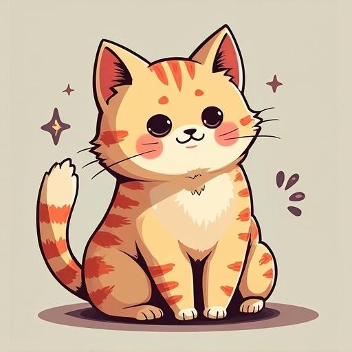Cute cartoon illustration of a happy cat with orange stripes sitting down. The cat has a smiling face, thick tail and adorable features. The background is simple and highlights the cat.