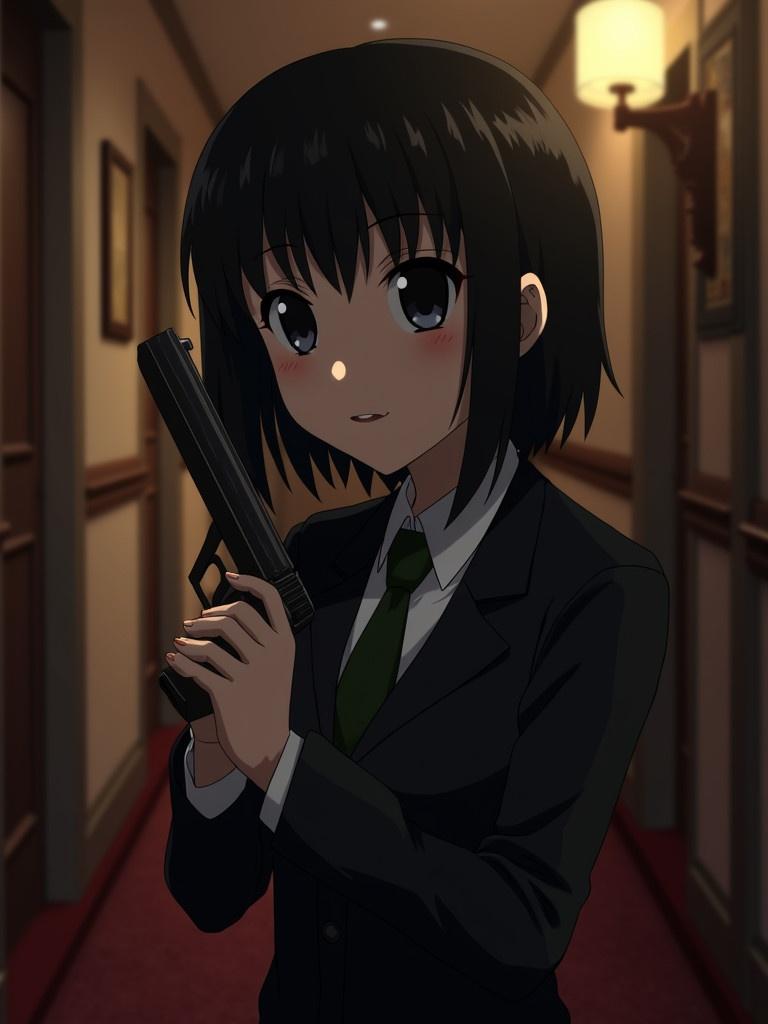 Character named Georgia Titus with black hair and black eyes wears a suit. Confident pose holding a gun. Scene set in a hallway with ambient lighting. Represents crime and gambling themes.