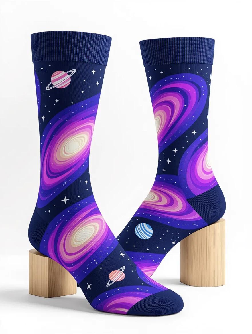 A product mockup showcasing space-themed crew socks with galaxy design. Socks feature navy blue base with purple and pink nebula patterns. The design includes scattered white stars and planet graphics. Displayed on a wooden mannequin foot against a white background. Soft, even lighting enhances the vibrant colors and details. Both socks are visible - one on foot form and one laid flat.