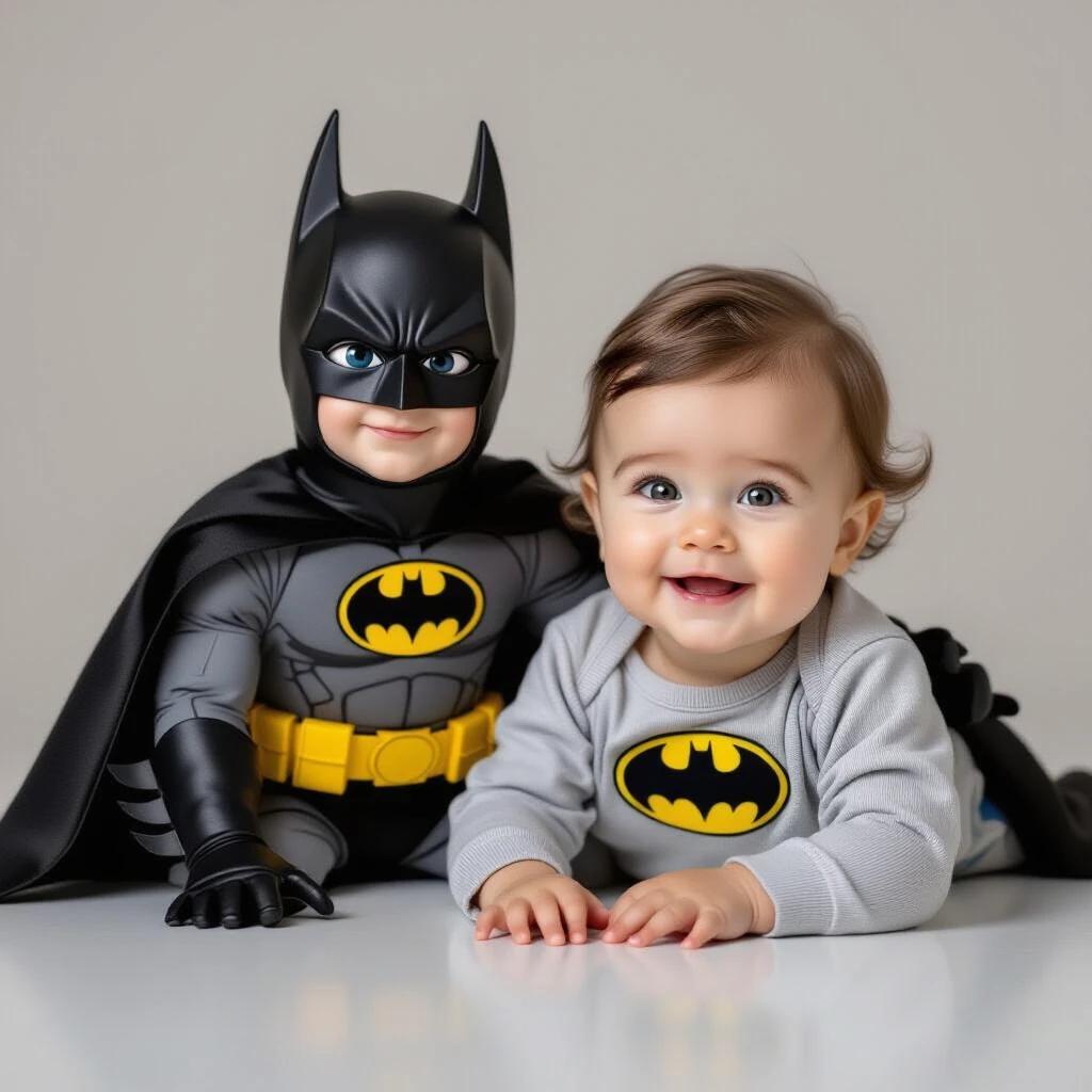 A realistic image of a smiling baby laying next to a classic Batman doll. The baby has a round face large brown expressive eyes short brown hair and light skin. The setting is a modern studio with a neutral background and soft lighting. Both the baby and Batman figure look at the camera as if they are close friends.