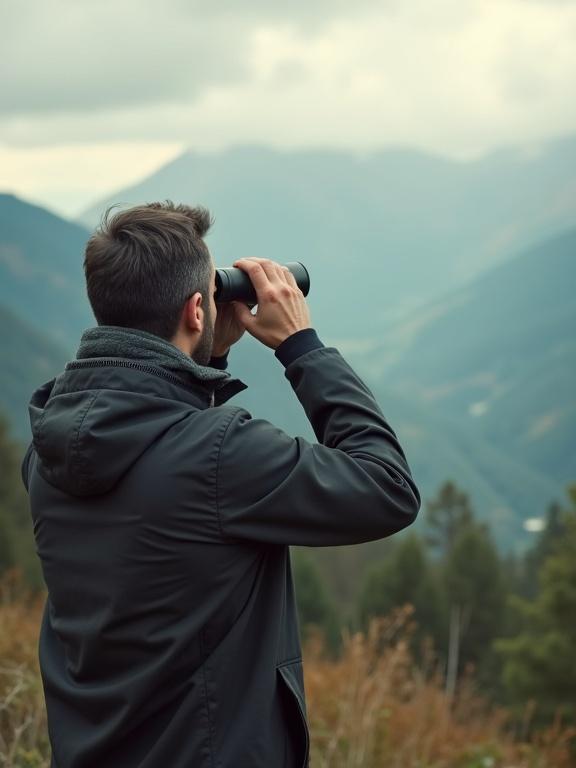 Photorealistic image presents a man using binoculars to look at a stunning landscape. He stands in an outdoor setting surrounded by mountains and trees. The scene is captured with stylistic blur to emphasize focus on the man and his activity.