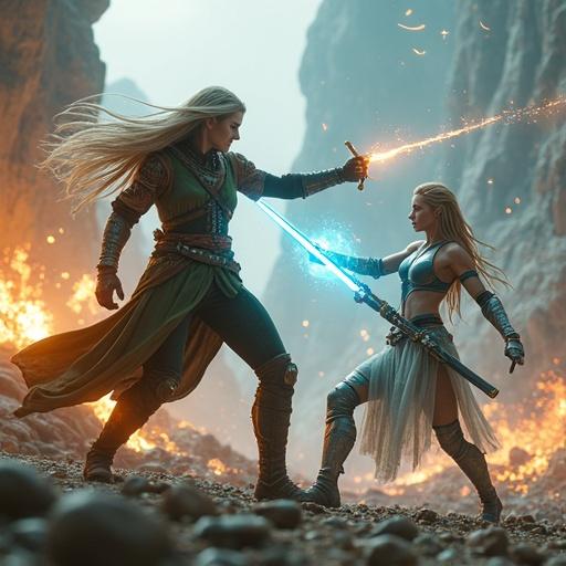 Ultra-realistic full-body action scene of two women in battle. One has short wet blonde hair and golden eyes with silver-blue light armor, wielding a glowing sword. The other is tall and muscular with long ash-blonde hair in two sections, wearing a green robe and glowing fist. Crumbling battlefield background with rocks, debris, and magical light effects. Sparks and energy waves fill the scene. Epic tension and dynamic angle.