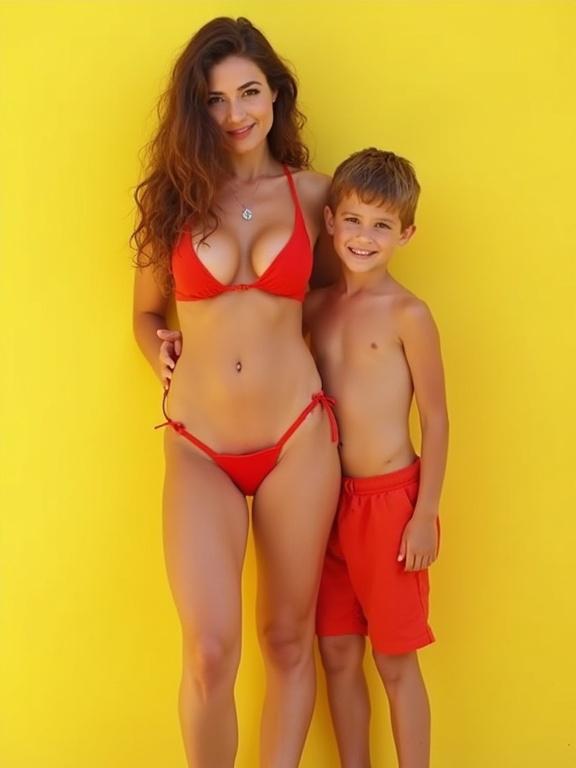 Full body photo of a mother and son on a vibrant yellow background. The woman in a red bikini displaying a flirty smile. The boy next to her wearing matching red shorts. Image has a vintage, pixelated quality reminiscent of early 2000s photos.
