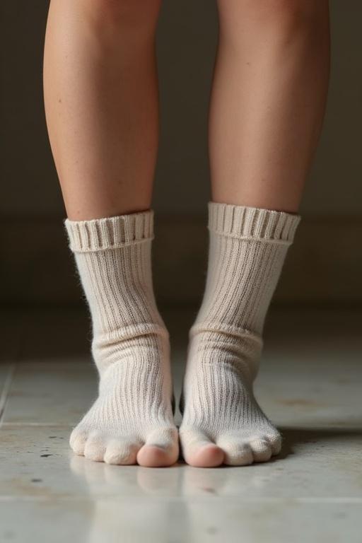 Teen shows off feet with socks on. Feet are crossed and placed on floor. Focus on the soles and texture of the socks.