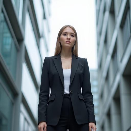Professional woman in a suit stands confidently in an urban setting. Towering modern buildings create a sophisticated backdrop. Her expression is composed. She represents modern elegance.