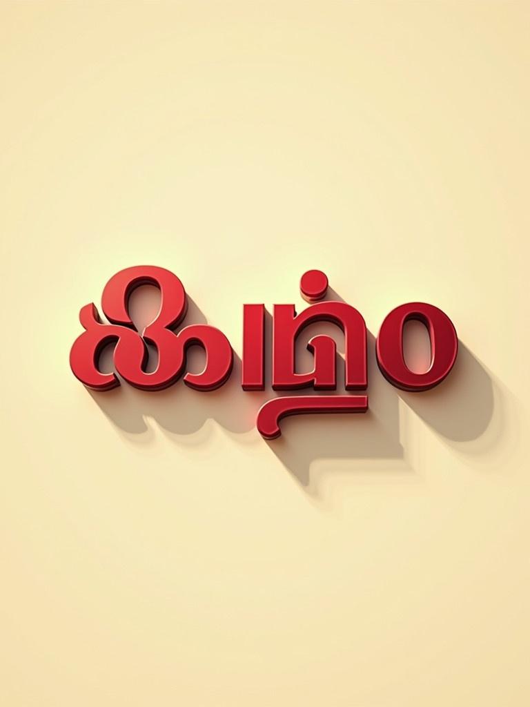 Cinematic styled font features Malayalam word in deep red. Light cream backdrop enhances visual appeal. Subtle shadows and highlights add depth. Gentle warm lighting creates ambiance. Represents Malayalam script's beauty with cinematic feel.