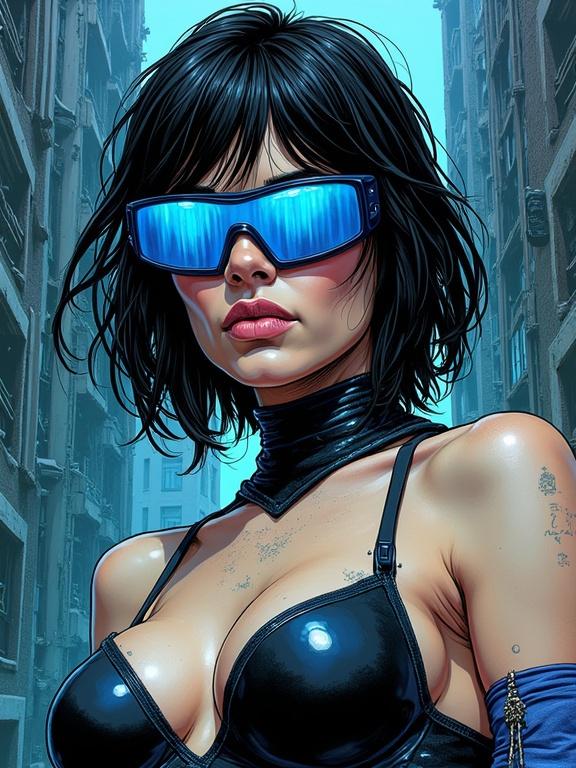 Close-up portrait of a female character in futuristic lingerie. Black and blue color scheme with holographic shades. Dystopian city background. Stylized illustration evoking cyberpunk mood. Strong female presence with expressive lines.