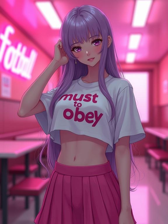 A digital anime illustration shows a woman with long lavender hair. She wears a white crop top with dark pink text reading must obey. She also wears a pink pleated skirt. The interior space is pink-tinted. The model poses with one hand touching her hair. She looks directly at the camera. The background has a pink neon sign glowing. Fluorescent ceiling lights illuminate the space evenly. The artwork emphasizes attractive features and curves. It has professional retouching for a soft atmosphere.