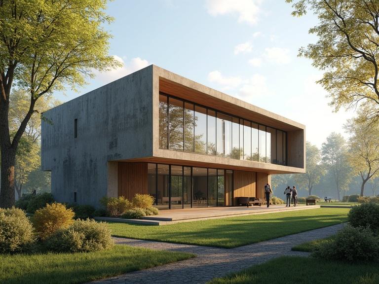 Modern artistic office building with big windows. One floor structure without people. Beautiful sculpture in the setting. The photo tells a story with a focus on rule of thirds. Highly realistic with a big garden in the background during spring. Made of quality materials. Soft shadow effects. Right side view emphasized.