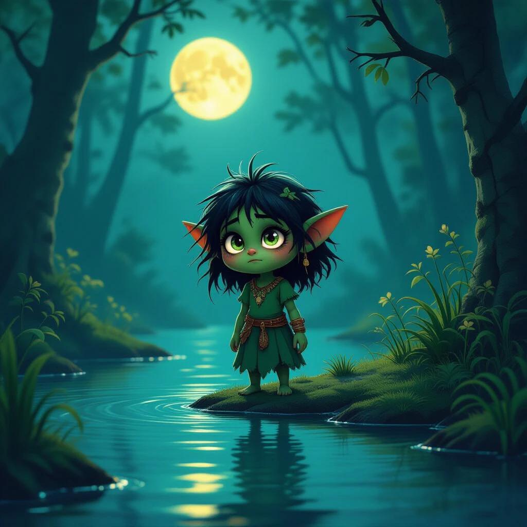 A small green-skinned duende stands by a moonlit lagoon. The creature has bright eyes reflecting the moonlight. Surrounding trees create a mystical atmosphere. The duende appears enchanting and slightly eerie, evoking a sense of wonder.