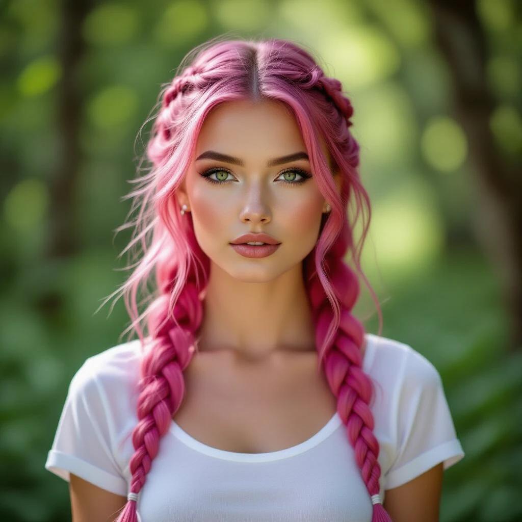 Young woman with striking pink hair and intricate braids stands in a lush forest. Soft light filters through green leaves. She has golden eyes and full lips. Wears a simple white top. Confident expression creating an ethereal atmosphere. Colors and natural elements enhance beauty.