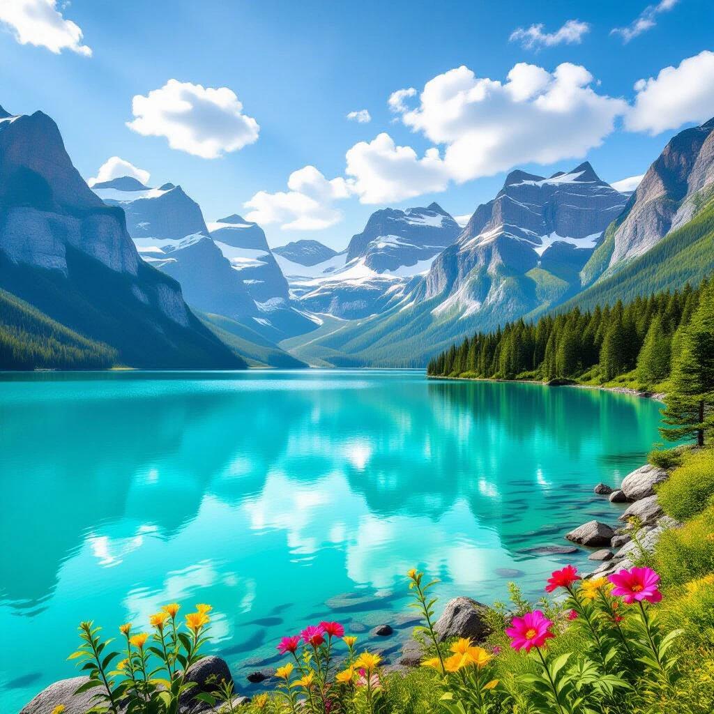 Beautiful landscape scene showcasing turquoise water, majestic mountains, lush greenery, and vibrant flowers. The colors are realistic and calm giving a serene atmosphere.