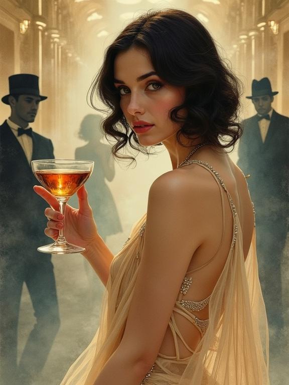 A mesmerizing 1920s speakeasy scene with a young woman in a champagne-colored flapper dress. She has dark wavy hair and a subtle melancholic expression. A glass of amber liquid held delicately in her hand. Background features shadowy figures dancing. Hazy atmosphere with effective negative space. Soft diffused lighting highlights her features. The overall mood is wistful and romantic, capturing the glamour and secrets of the era. Stylized with watercolor and alcohol ink techniques.