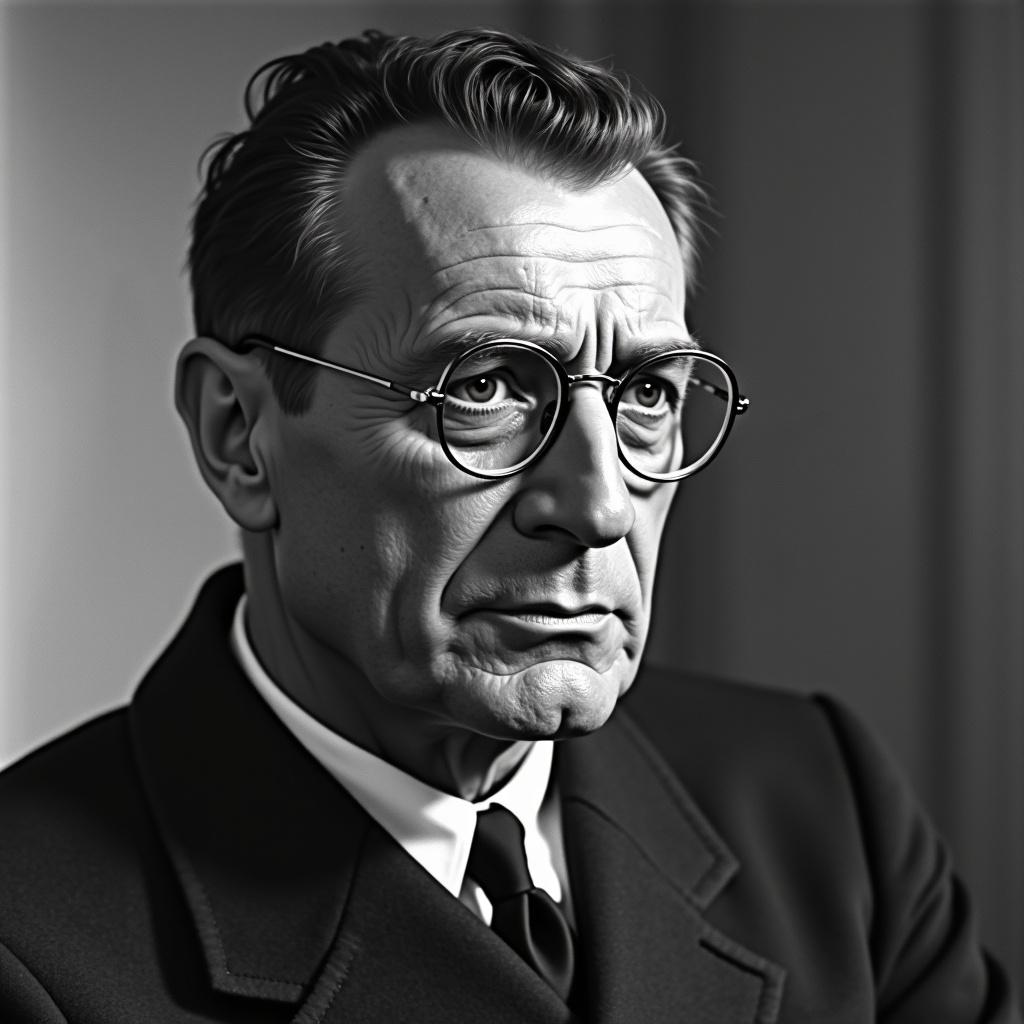 This image features a distinguished older man with glasses, exuding a serious demeanor. The photograph is in black and white, capturing fine details of his facial expressions. He has a sharp suit and neat hair, suggesting a formal setting. The soft lighting enhances the contours of his face, creating a strong focal point. The overall composition conveys a sense of authority and introspection, reflecting a significant historical figure.