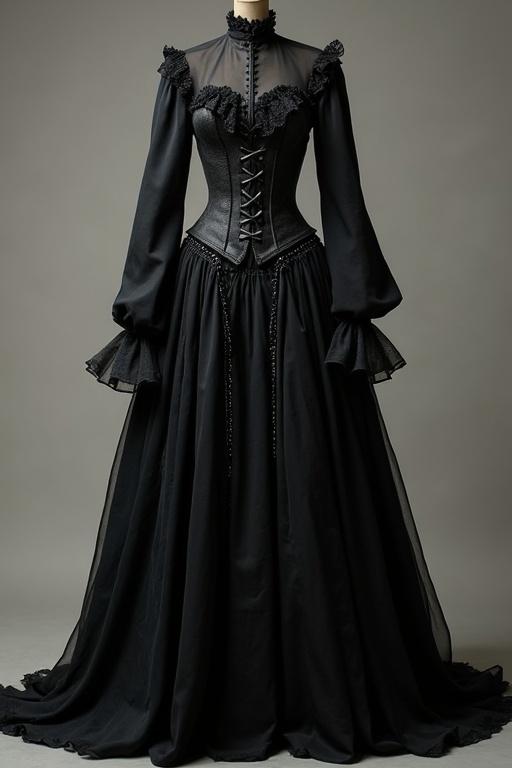 Dress design inspired by witch and medieval aesthetics. Features long sleeves, corset, voluminous skirt. Entirely black.
