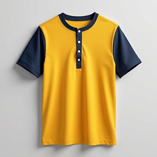 Generate an image of a yellow and navy jersey Henley shirt on a light gray background. The image features only the shirt, front-facing, without any human model, text, or patterns.