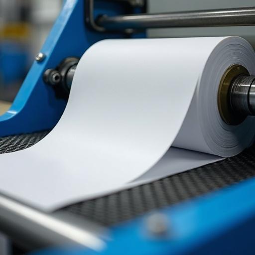 Close-up photograph shows a battery pasting machine processing white paper rolls into separator sheets. The machine is mainly blue and white. Metal mesh components are visible. The focus captures the texture of the paper and intricate machinery details. The lighting is realistic and the image is high resolution in an industrial setting.