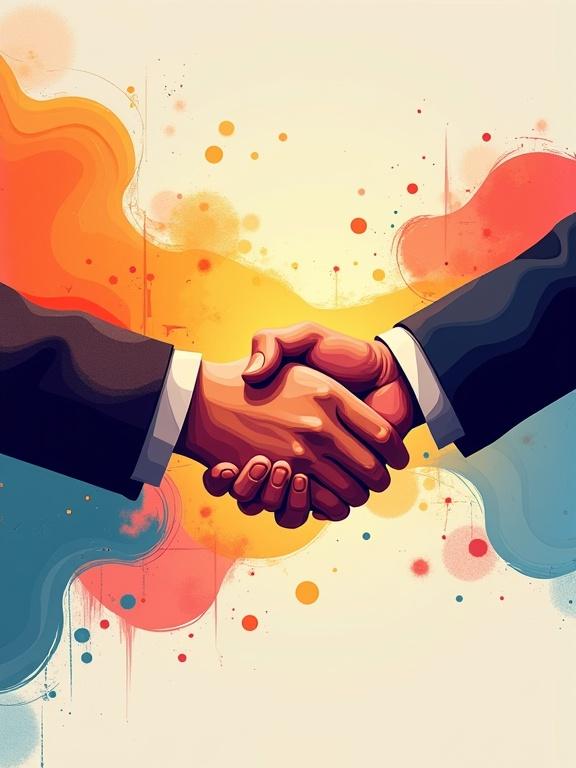 Stylized handshake art piece. Abstract representation of business partnership. Focus on vibrant colors and dynamic composition. Hands reaching for a handshake in the center. Background features flowing shapes and colorful splashes. Represents cooperation and synergy in business.