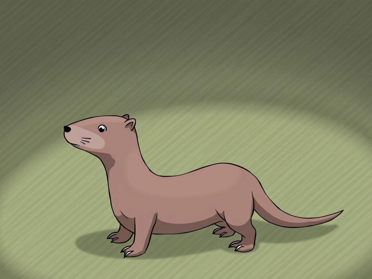 A simple cartoon illustration of a weasel standing on a textured green background.