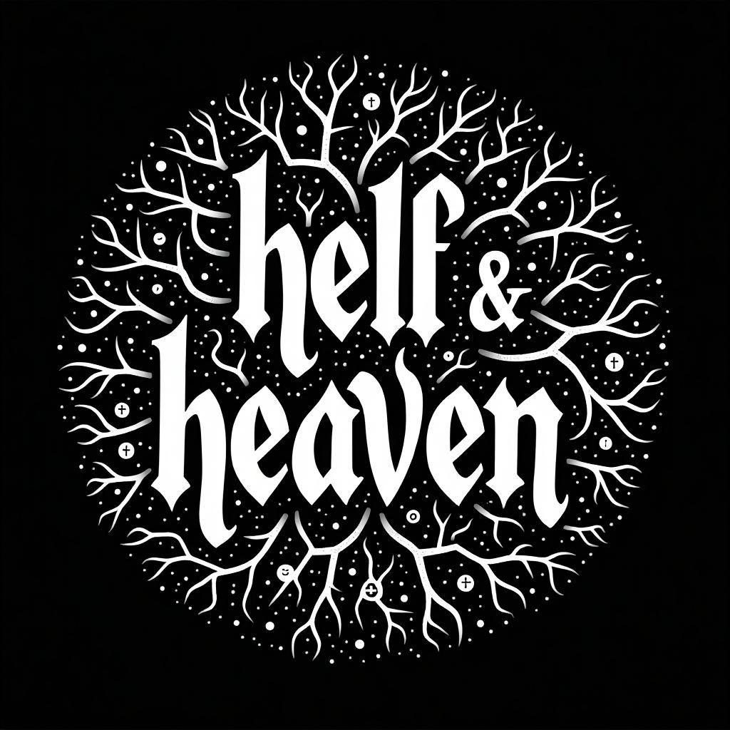 Illustration features text 'hell & heaven' in white color on black background. Text is styled in calligraphy and arranged in a circular shape. Background has pattern of intertwined neurons.