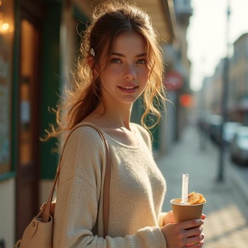 A young woman stands outside a café with a coffee cup and a croissant. She has a warm smile and relaxed posture in soft morning sunlight. The cobblestone street and pastel café background add charm. Her light sweater and denim skirt reflect a casual vibe.