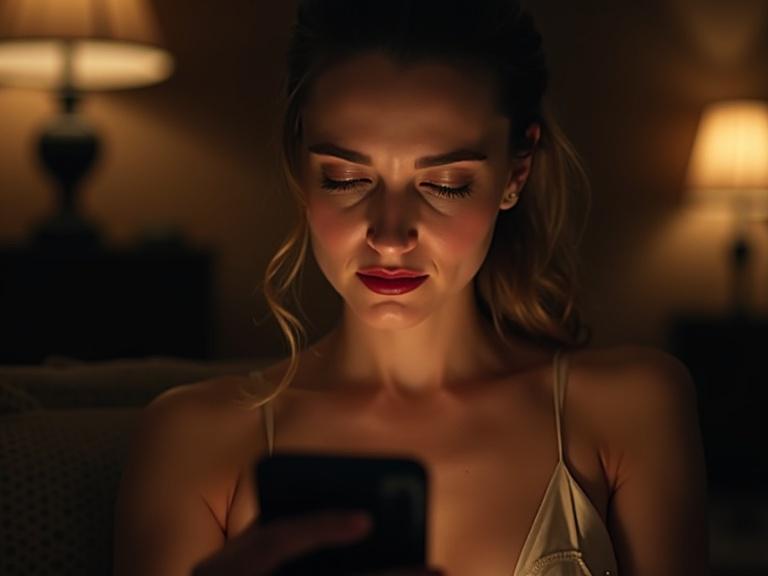 Cinematic close-up of a stylish woman with soft features and red lipstick. She scrolls her phone with a neutral expression. Dressed elegantly in a cozy, dimly lit room. Warm tones and realistic lighting. Background is softly blurred. Her eyes reflect boredom. 16:9 aspect ratio with photorealistic detail.