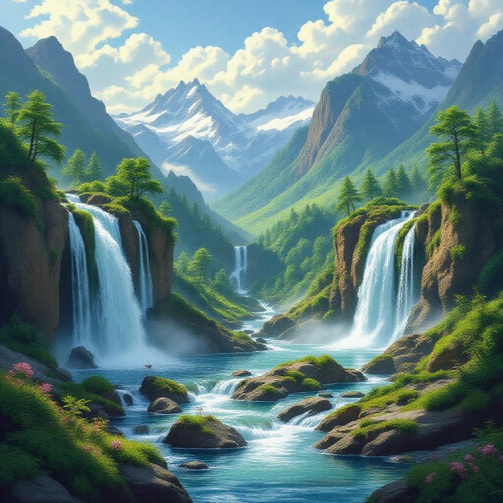 The image depicts a serene and idyllic landscape with two waterfalls cascading into a tranquil stream. The scene is framed by lush greenery and majestic mountains in the background.