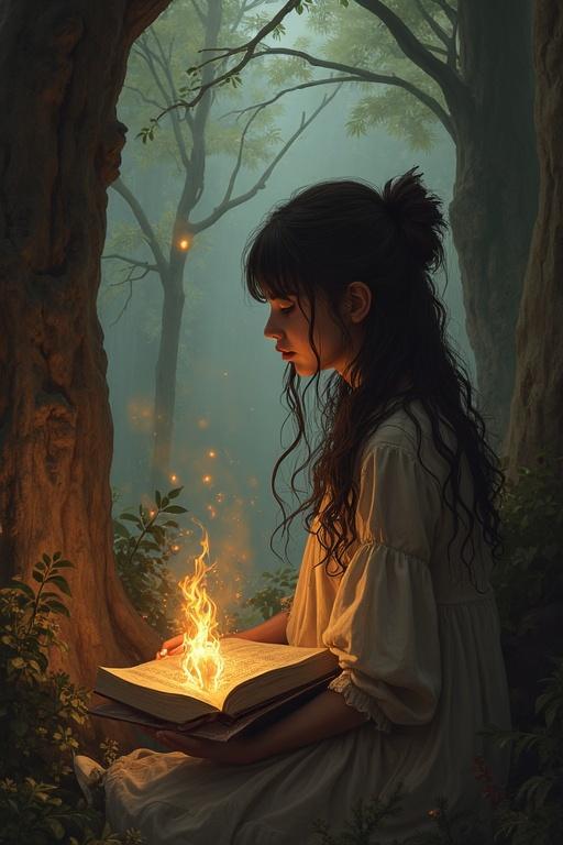 A girl with long curly hair sits in a mystical forest. She is illuminated by the glow of an open book. The forest is filled with greenery and soft light. The scene evokes a sense of magic and wonder.