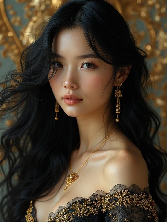 Create a photorealistic portrait featuring a woman with long black hair. She has delicate facial features and is wearing elegant attire with golden embroidery. The background includes abstract golden patterns. The lighting is soft and directional, enhancing the ethereal quality of the scene.