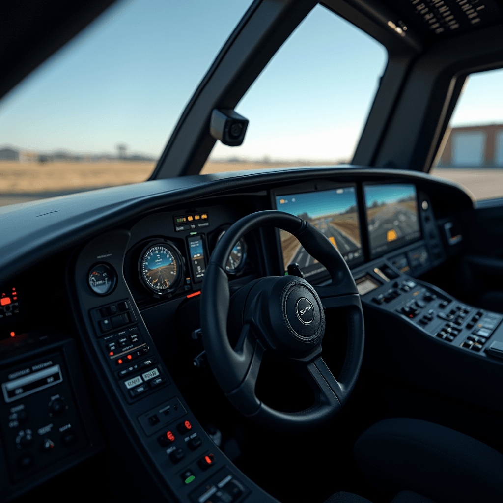 The image shows a modern vehicle cockpit with a steering wheel, digital displays, and numerous control buttons.