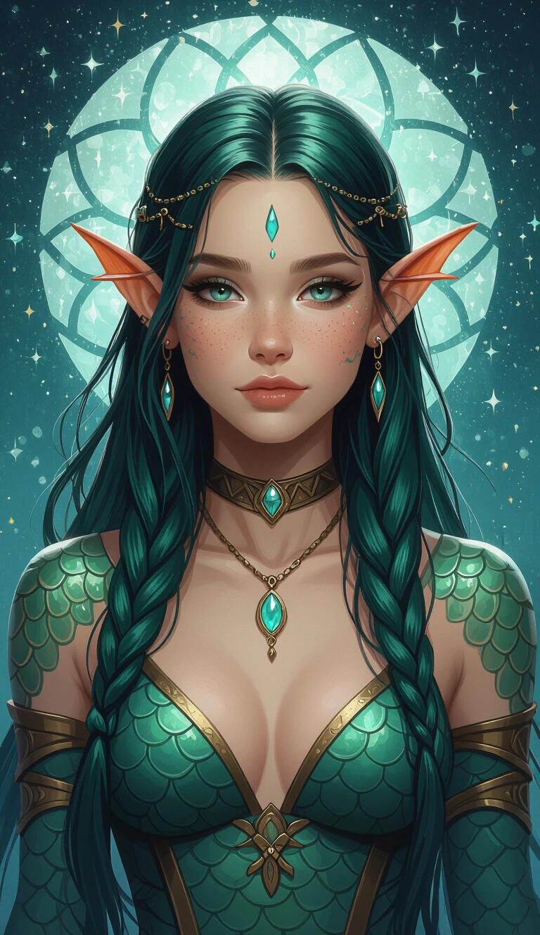 Acrylic-painting style young druidic fish-girl with sharp finned ears. Her skin is fully teal and scales are visible. She wears Theros-fantasy clothing. Character is a celestial mage. Long green hair is slicked back. The character has a voluptuous figure and appears amphibian-like. Full body representation is shown.