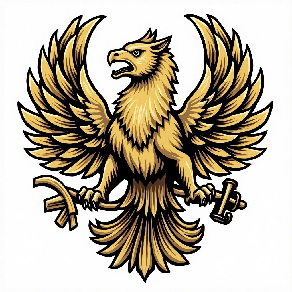 Emblem representing the 44th Gryphon Battalion featuring a golden gryphon with wings spread wide. Gryphon shows strength and majesty. The emblem includes a hammer and sickle to denote unity and power. Background is plain white for high contrast.