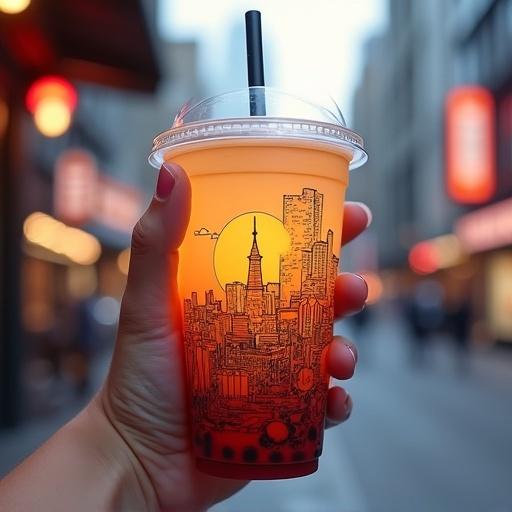 Hand holding a transparent takeaway cup of boba tea featuring a whimsical thick line illustration. Inside the cup is a miniature city scene. Background is softly focused hyperrealistic city landmark. Bright colors and fun design with text in the top right corner.