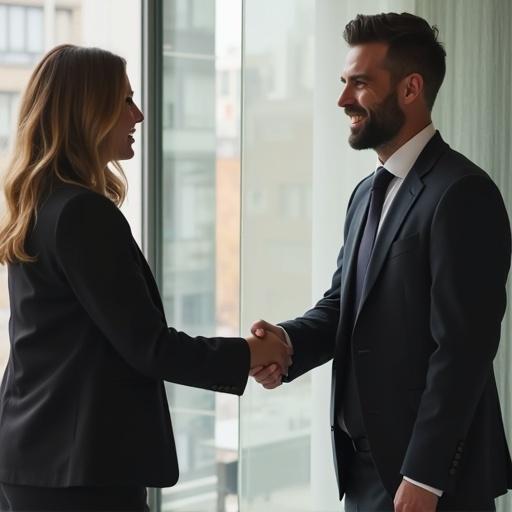 Image depicting a seller closing a deal with a customer through a handshake in a modern office setting