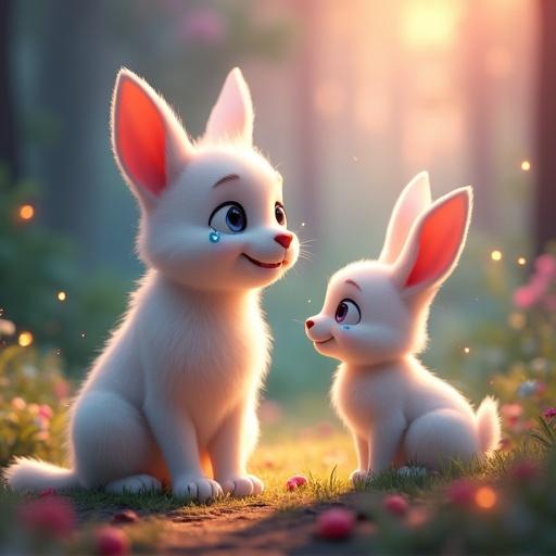 Close-up scene of Tuku the puppy and TunTuni the rabbit in a magical forest. Soft glowing light filters through colorful trees. Tuku has tears in his eyes, looking gratefully at TunTuni. TunTuni has a gentle expression. Background is vibrant greens, purples, and pinks with fireflies. Warm, cinematic lighting emphasizes the moment.