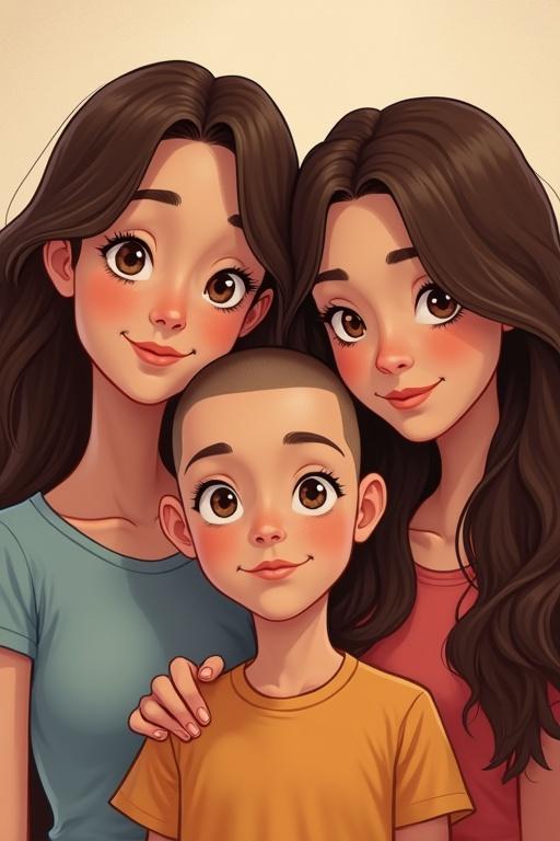 An illustration featuring two sisters with long brown hair and brown eyes, and a boy with a shaved head in the center. Characters appear in a realistic cartoon style.
