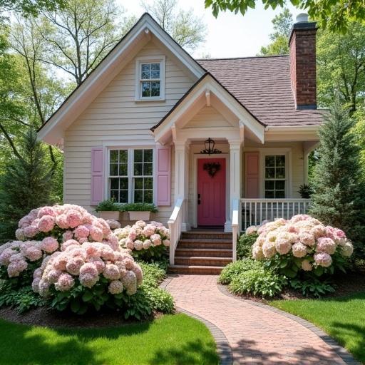 Cottage with light pink and white exterior features. Shutters with gingerbread trim. Bright landscape with pink rose bushes and hydrangeas. No dark shadows. Bright sunny day.