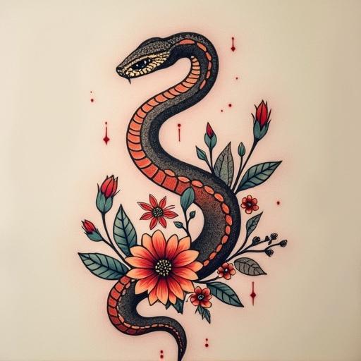 Tattoo features a curved design with multiple small flowers and a snake at the end. The design flows from the hips to the pubis area. Botanical art style with vibrant colors and meticulous detail.