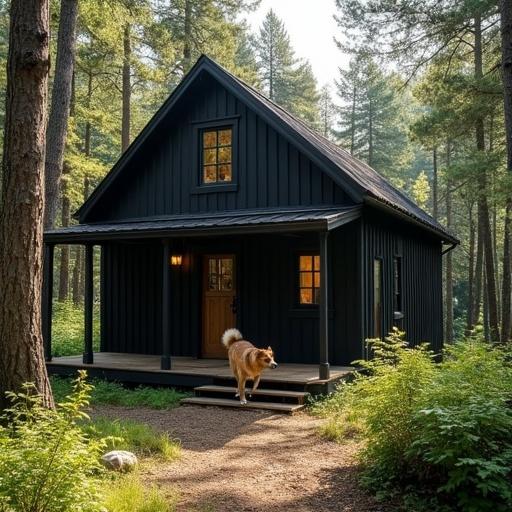 A dog is walking onto the terrace of a black wooden house in the middle of the woods on a sunny day.