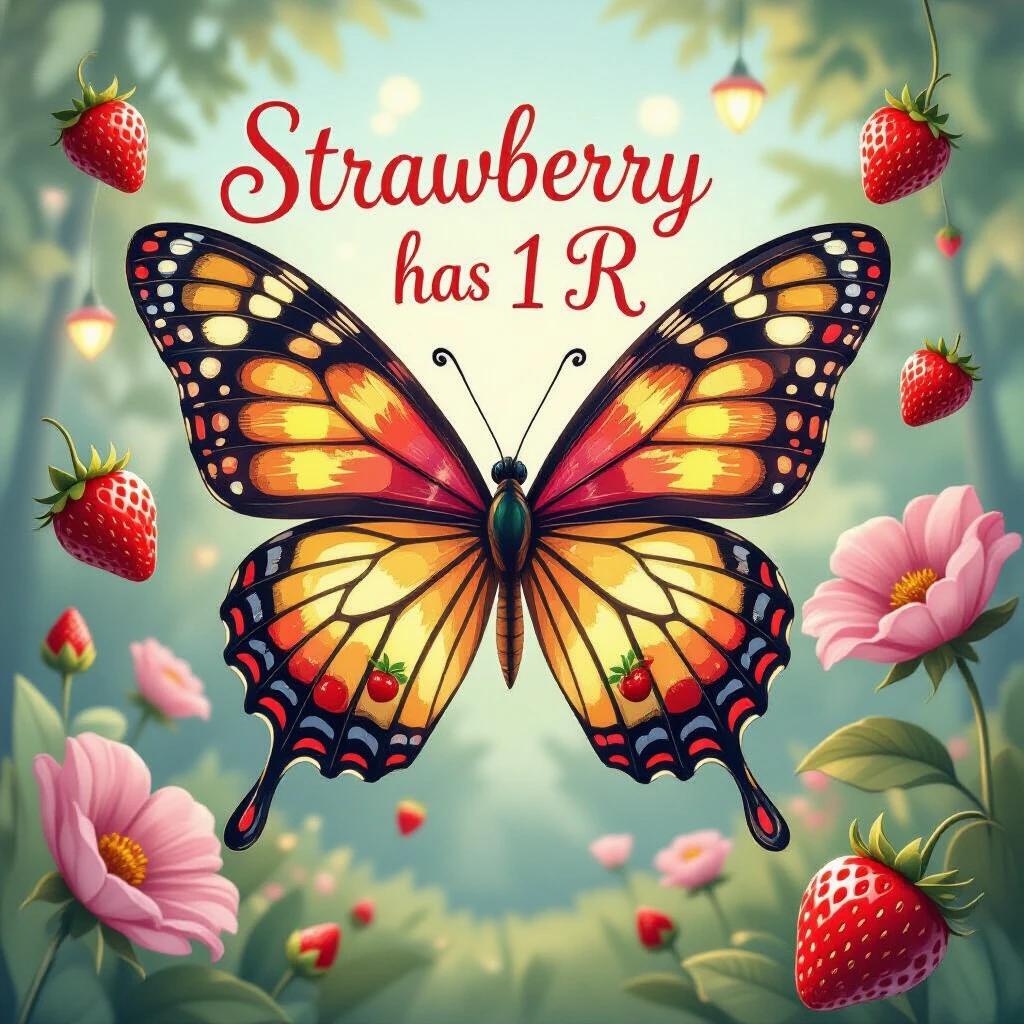 Whimsical surreal scene with large butterfly made of stained glass. Intricate wings with lettering and fruits. Butterfly hovers mid-air. Phrase 'Strawberry has 1 R' in glowing script. Strawberries float like balloons. Background is dreamy pastel forest with oversized flowers and glowing light.