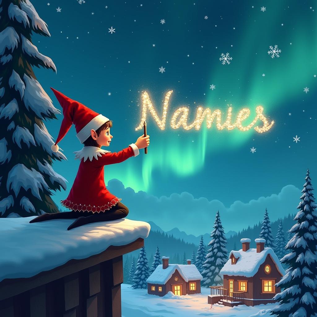 An elf dressed in red with a pointed hat writes names in a magical sky using a wand. Below, a snowy landscape features houses and trees illuminated by the Northern Lights. The scene embodies childhood magic and Christmas spirit.