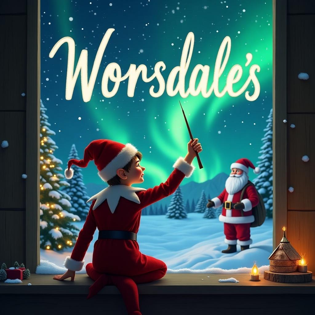 The image features an enchanting Christmas scene with an elf on the shelf. The elf is positioned with its back to the viewer, facing a sky filled with vibrant northern lights. It holds a wand, magically writing 'Worsdale's' in the air. In the background, there's a joyful figure of Santa Claus, adding to the festive atmosphere. The foreground is beautifully decorated with candles and Christmas trees, enhancing the wintry feel. This illustration captures the essence of Christmas magic and excitement for children and families alike.